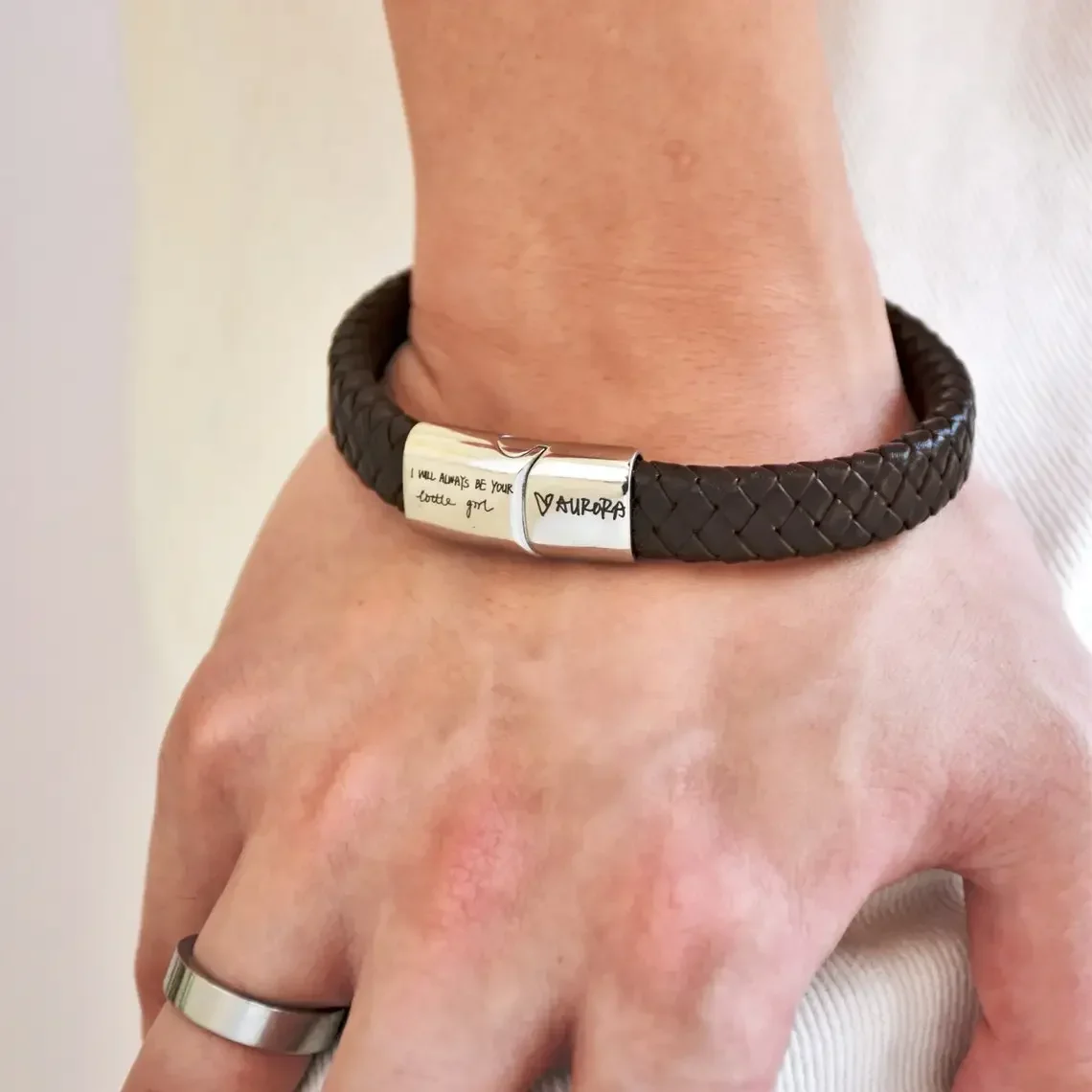 Handwritten Genuine Leather Bracelet Customized Personality Engrave Signature Stainless Steel Magnet Buckle Bangle for Men Women view 4