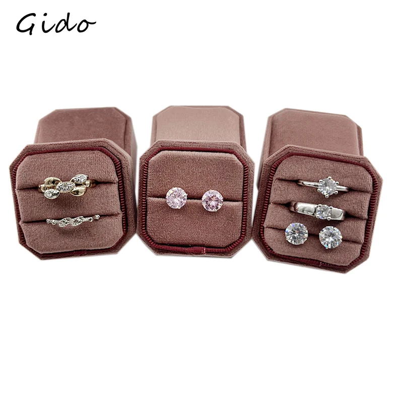 Three Ring Box Dark Pink Ring Holder Case Wedding Propose Gift Box Pair Lovers Rings Storage Box