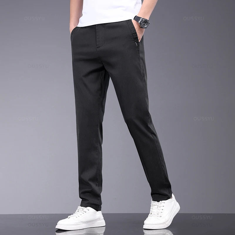 MINGYU Brand Clothing Summer Lyocell Fabric Casual Pants Men Thin  Slim Elastic Waist Business Grey Black Korea Trousers Male