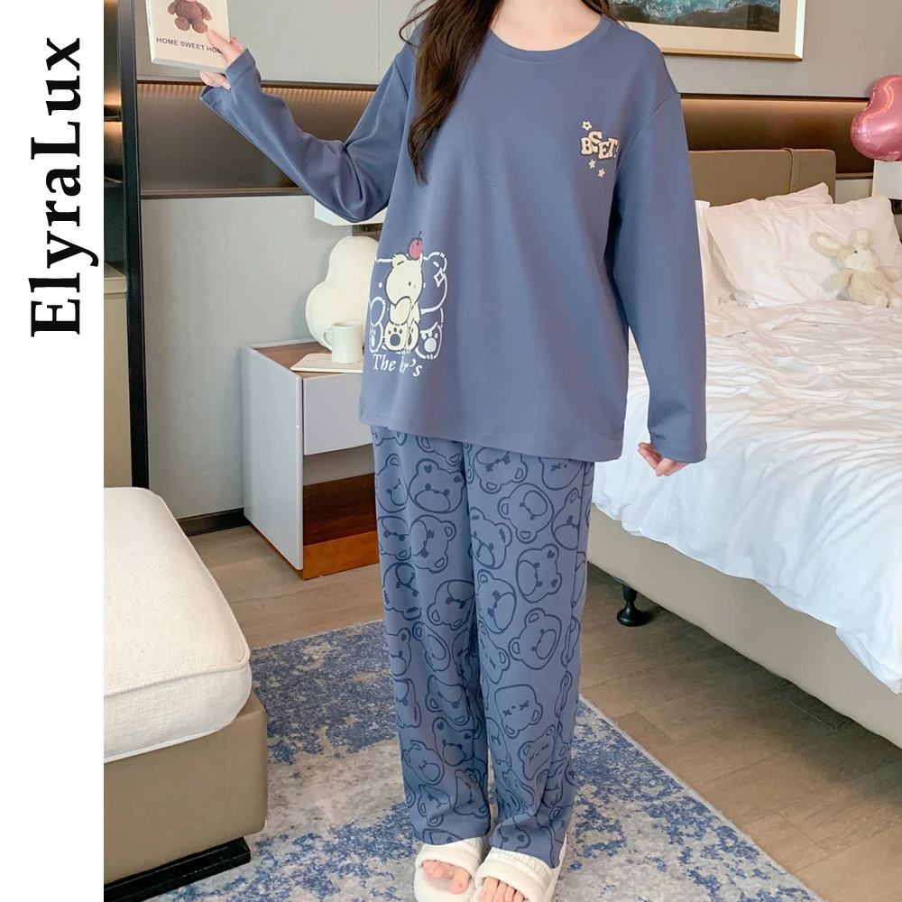 

ElyraLux синие комплекты одежды для сна с длинными рукавами, хлопковая домашняя одежда, милая пижама с принтом для женщин, весенне-осенняя домашняя одежда, классический комплект