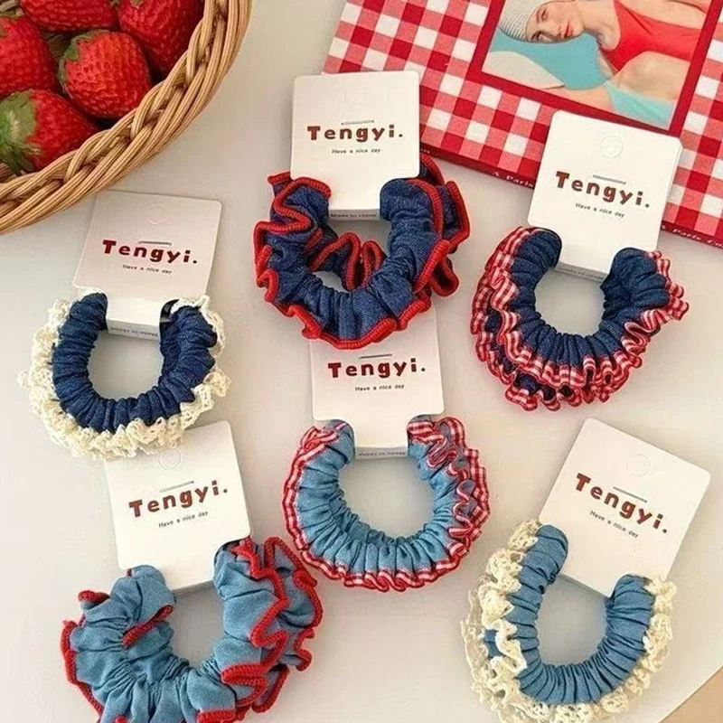 

2/6 Pcs Women's Hair Scrunchies Set Denim Korean Lace Cute Sweet High Elasticity Hair Bands Headwear High-quality Hair Accessory