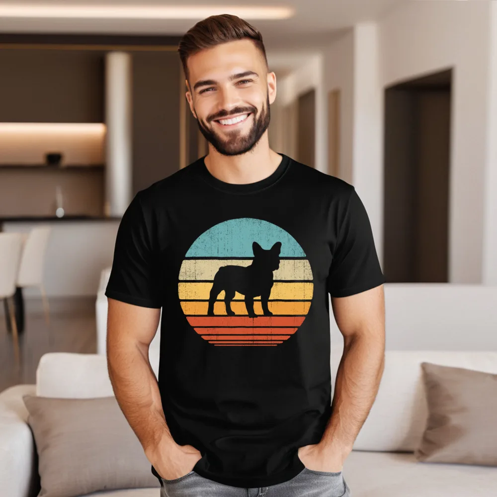 French Bulldog Retro Vintage Style Round Collar T Shirts Lovers Day Cool Tops & Tees Latest Premium Cotton Tee Shirts Men