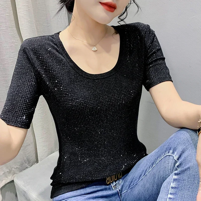 New Women\'s Short Sleeve Bling T-Shirt, Chic Sexy Shiny All Diamonds, Y2K Tops, Hand Make Tees, European Clothes, Summer, 2024