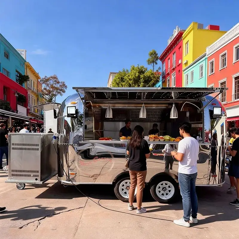 

Outdoor Food Trailer Streamlined Rounded Shape Futuristic Stylish Design Mobile Kitchen Catering Truck