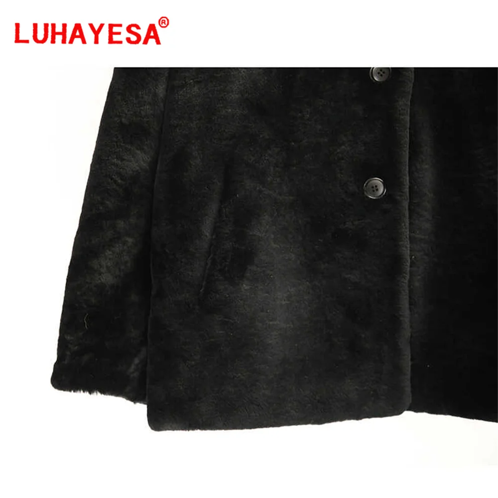 2024 Turcja Merino Sheepskin Lamb Fur Shearling Clothes Women Black V Neck Casual Daily Real Fur Coat