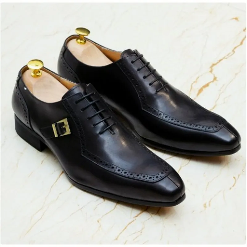 Handmade Men Genuine Leather Wedding Dress Shoes Black Coffee Fashion Brogue Shoes Plus Size 38-46