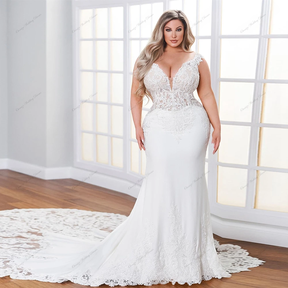 Plus Size Wedding Dresses with Lace Sleeveless Sweep Train Bridal Gowns for Women 2024 Summer Sleeveless Spaghetti Straps Robe