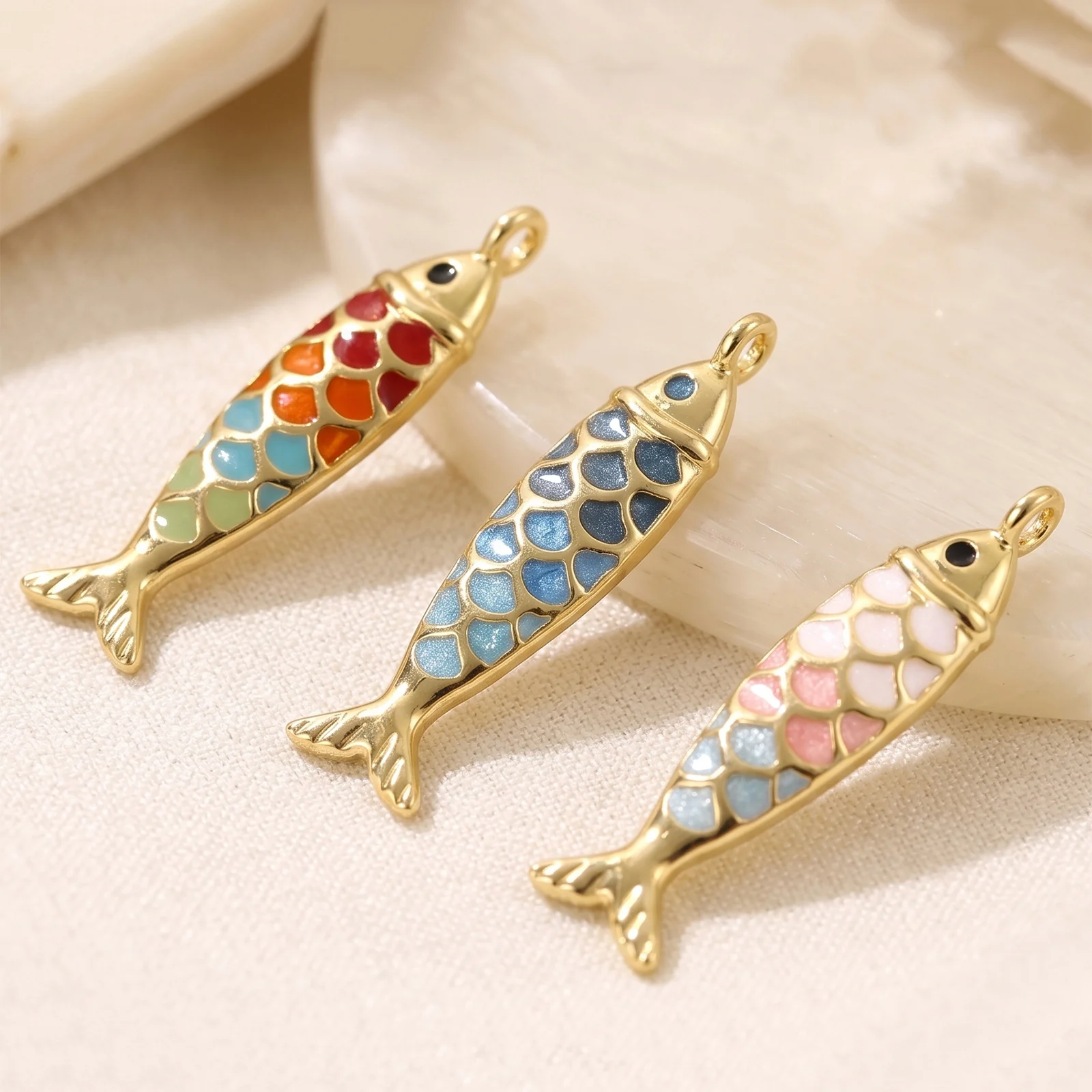 1pc Brass Ocean Jewelry Pendant 18K Gold Plated Fish Animal Multicolor Enamel Charms DIY Necklace Jewelry Findings 4.8cm x 1.2cm