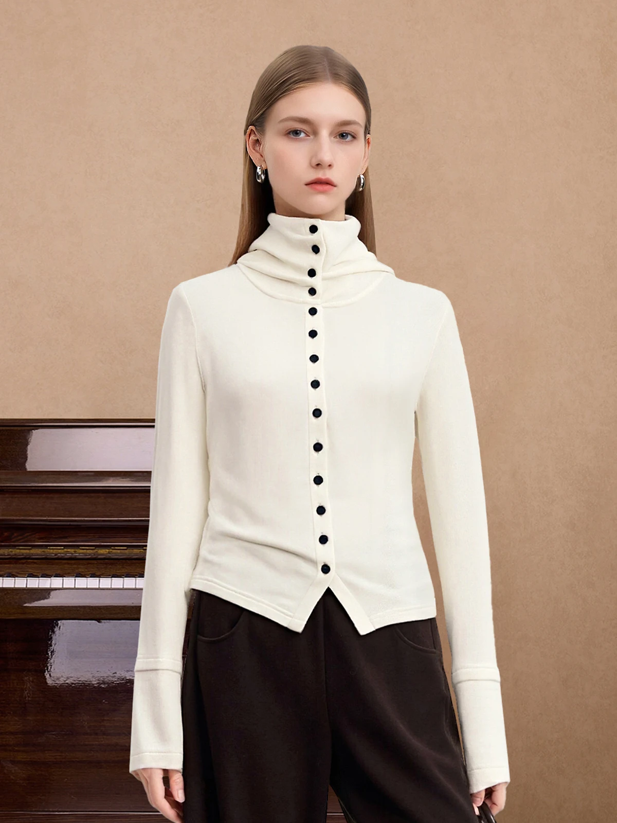 

mat Knitted Sweater Women's Faionable Base Layer irt Color Blo Buttons High Collar Open Cardigan Long Sve Winter