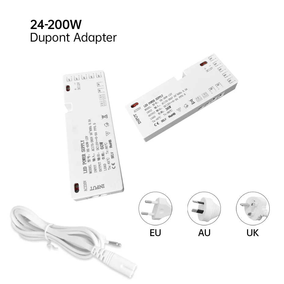 12V 24V Cabinet Light Strip Power Transformer Dupont Port 24W/36W/60W/100W/150W/200W EU AU UK Plug Power Supply Lighting Driver