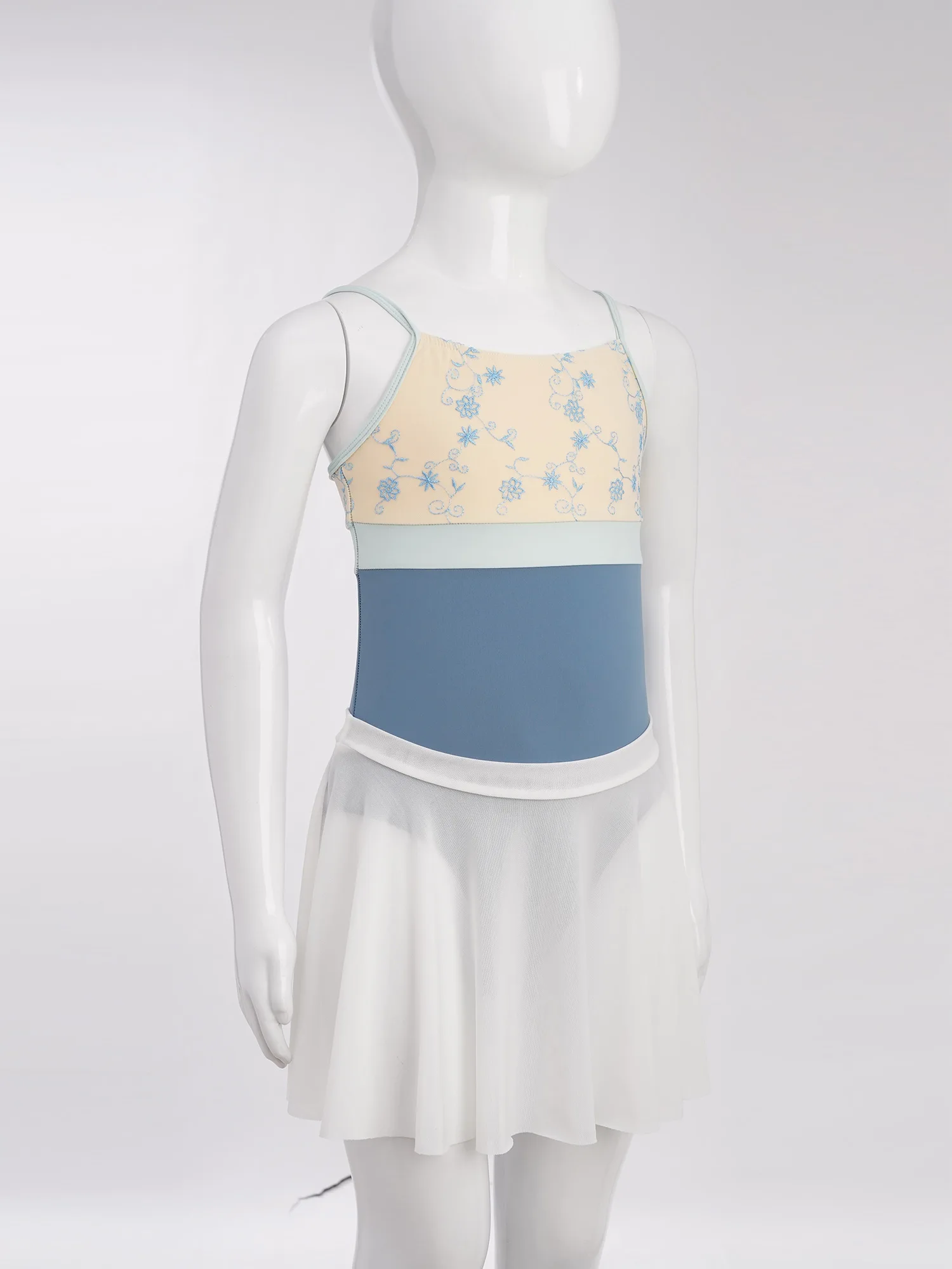 

2PCS Girls Floral Embroidery Ballet Dance Outfits Sleeveless Spaghetti Straps Color Block Leotard Dress+Sheer Mesh Dance Skirt
