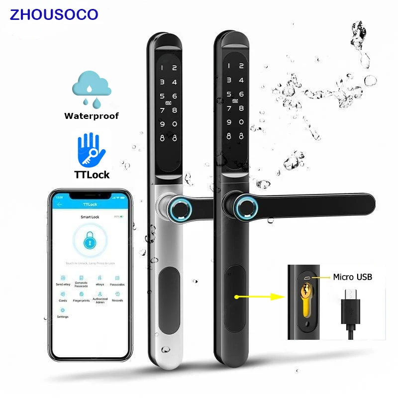 Waterproof  TTlock Outdoor Gate Fingerprint Lock Bluetooth APP RFID Card Code Electronic Smart Door Lock Glass Aluminum Sliding