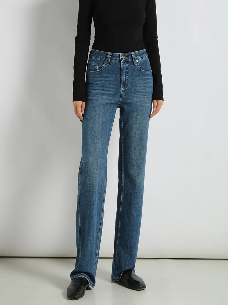 

Облегающие прямые джинсы с высокой талией, женские мягкие хлопковые эластичные джинсы, чистый синий, повседневные, четырехсторонние, эластичные