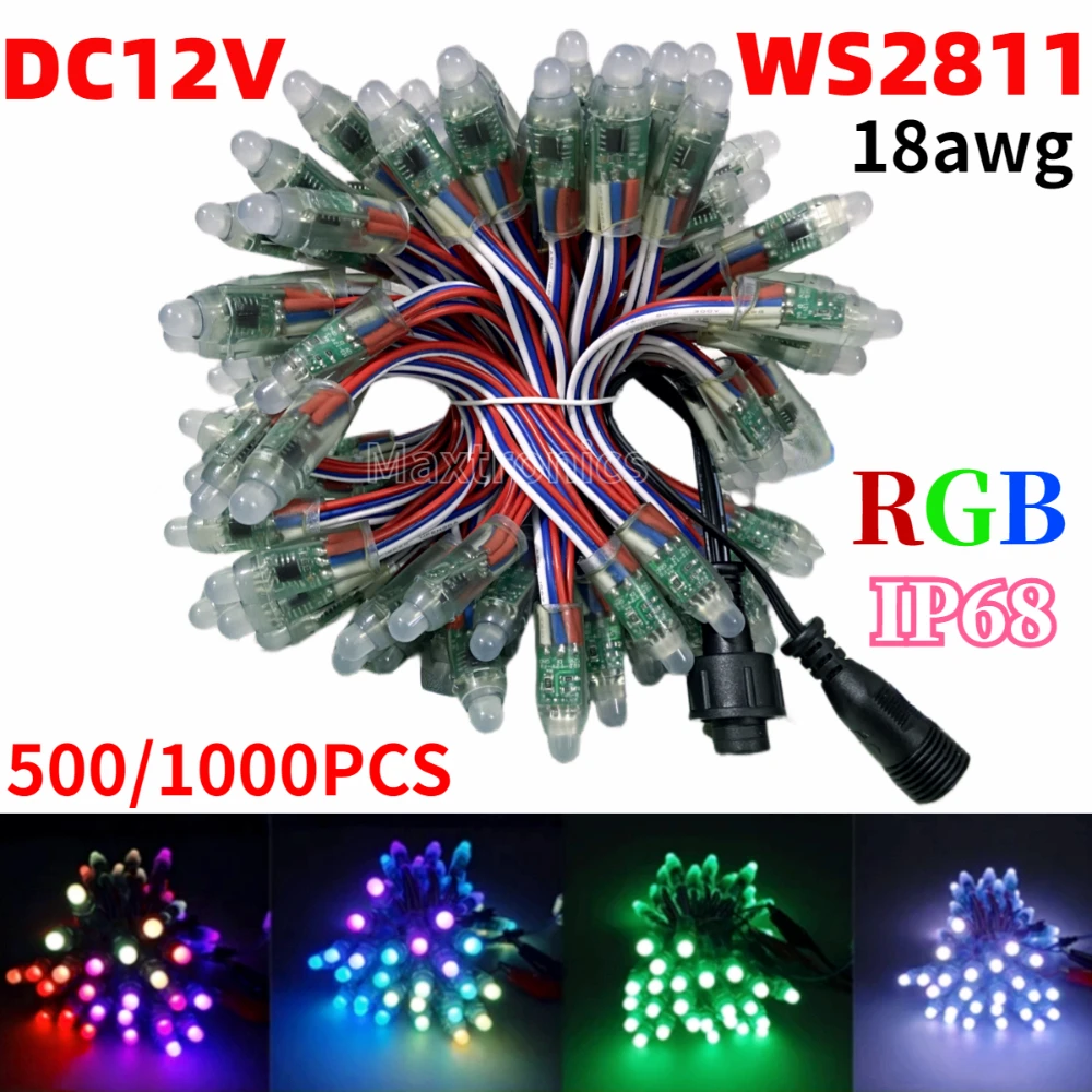 500-1000 sztuk DC12V WS2811 12MM rezystor oświetlenie pikselowe Led 18awg RBW kolorowy drut 13.5MM Connecter pełnokolorowa lampa moduły LED