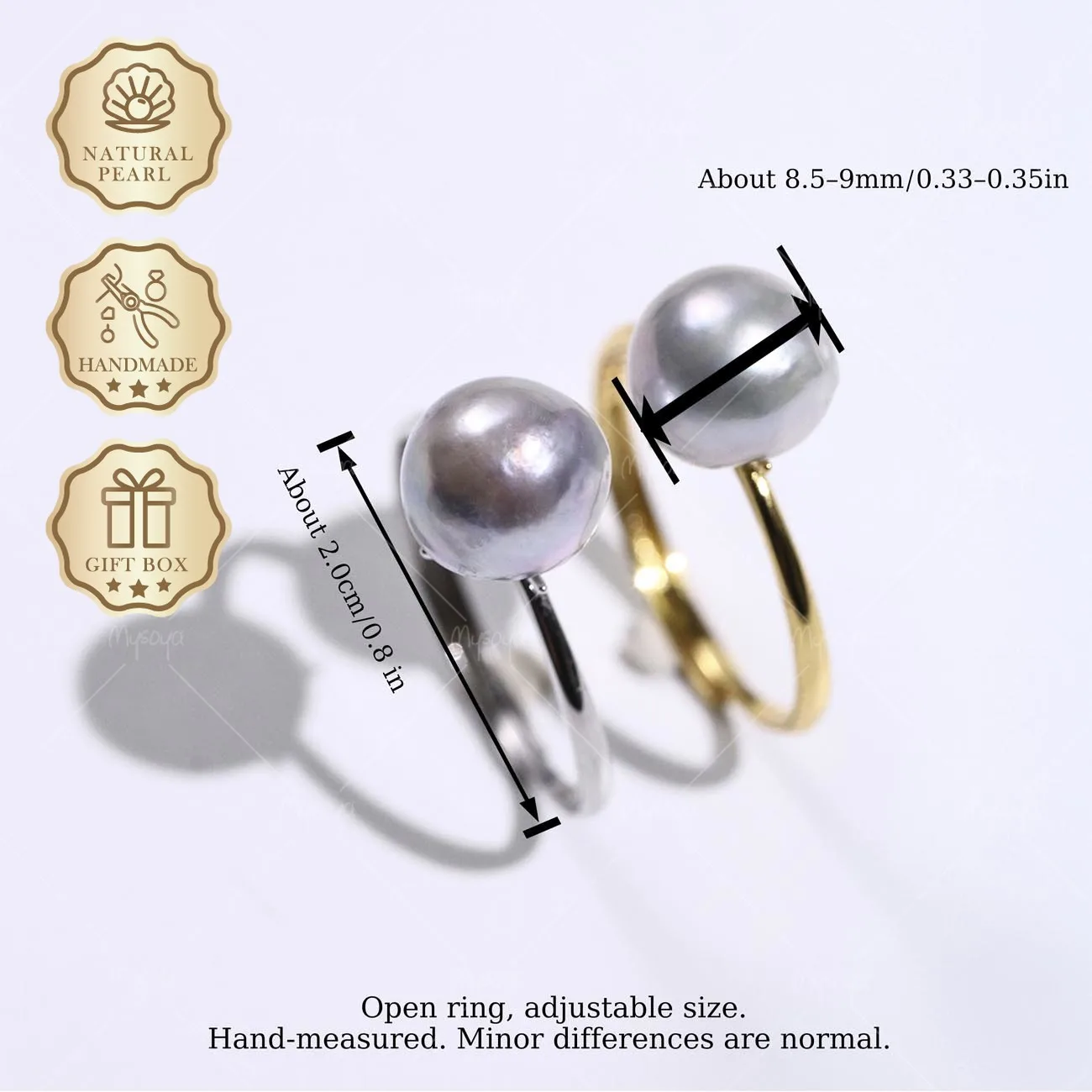 MYSOYA 8.5-9mm Gray Akoya Baroque Saltwater Pearl Open Ring in Gold/Silver, Gift Box Included, Fashion Jewelry S188