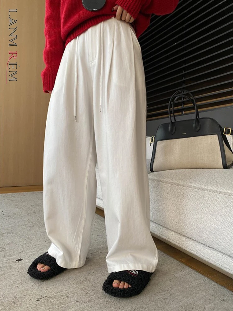 LANMREM Beige Color Wide Leg Pants Women High Waist Drawstring Design Special Full Trousers Female 2025 New Fashion 2DC1323