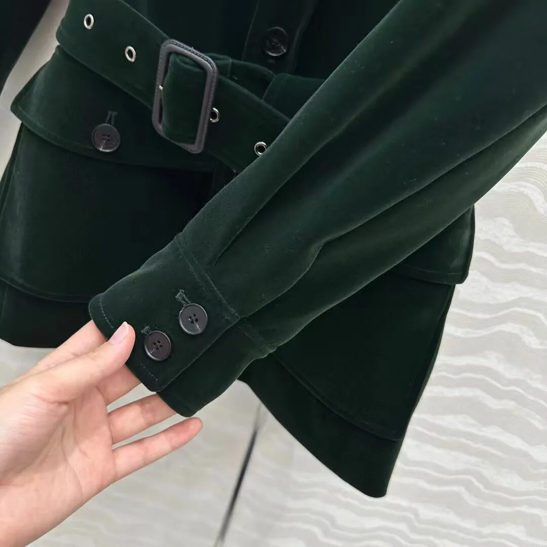 New Autumn Vintage Elegant Dark Green Velvet Jacket Women Lapel Long Sleeve Pocekts Singlr Breasted with Belt Chic Long Coat