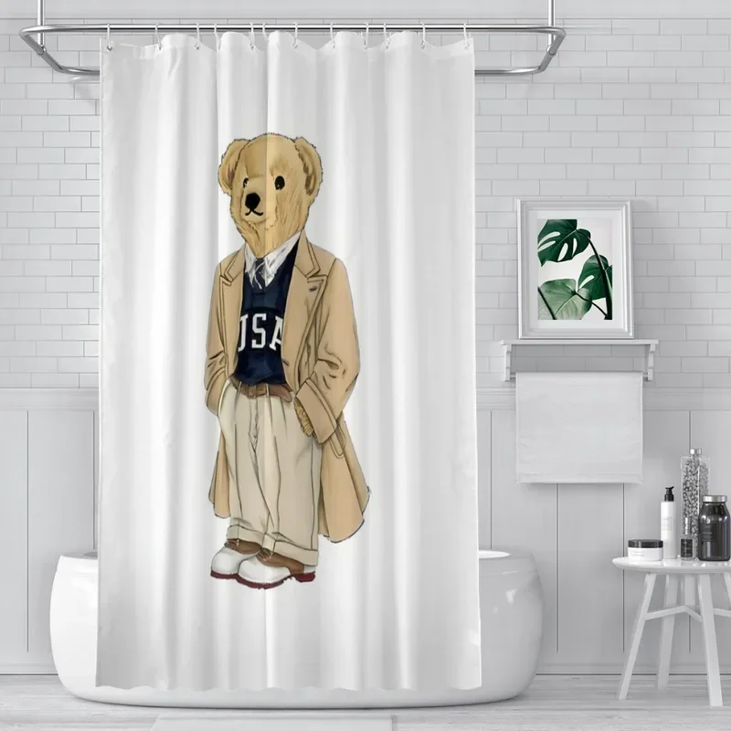 Back Polo Trip Shower Curtains Teddy Bear Waterproof Fabric Creative Bathroom Decor with Hooks Home Accessories