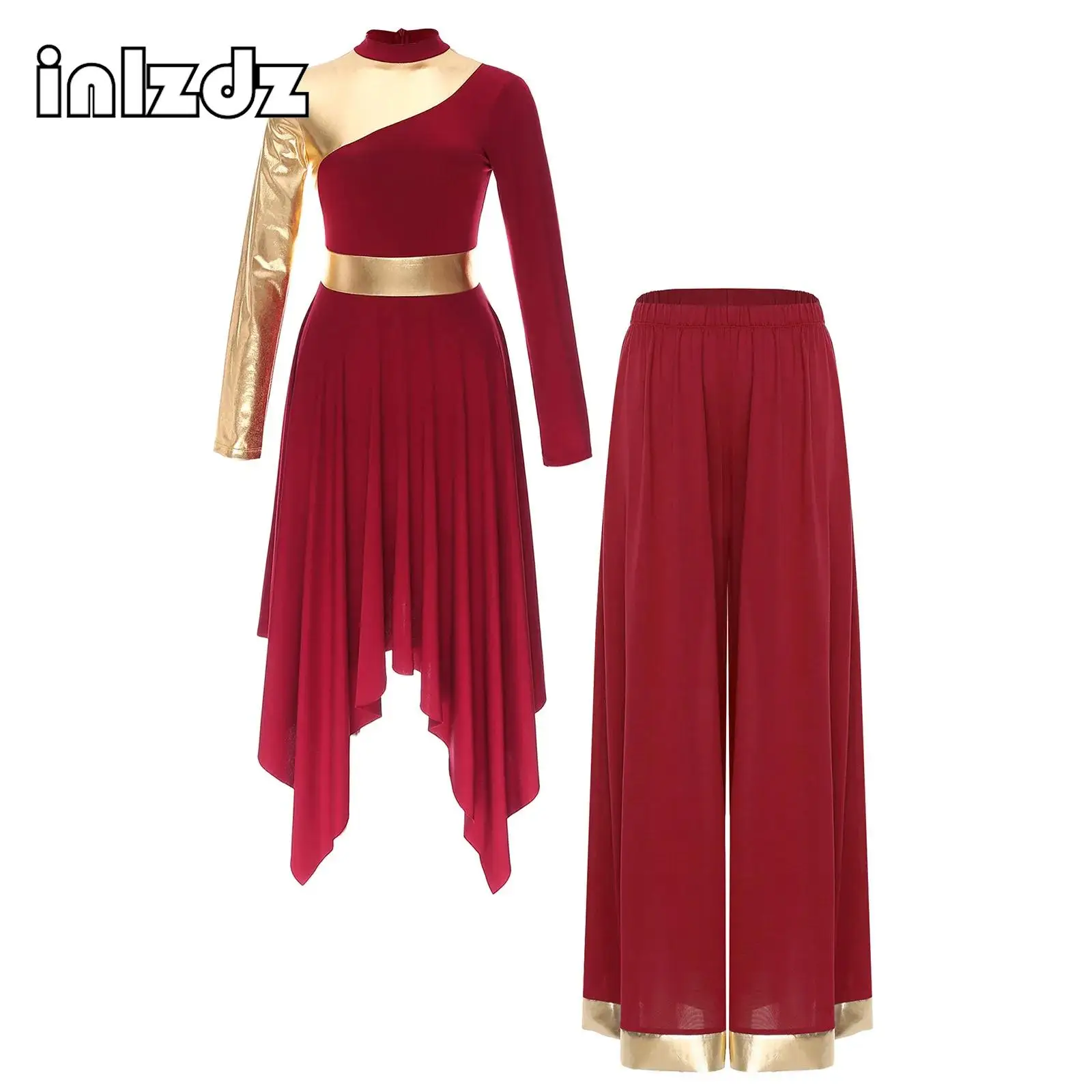 

Womens Worship Praise Dance Costume Outfits Long Sleeve Asymmetrical Hem Dress and Wide Leg Pants Contrast Color Dancewear