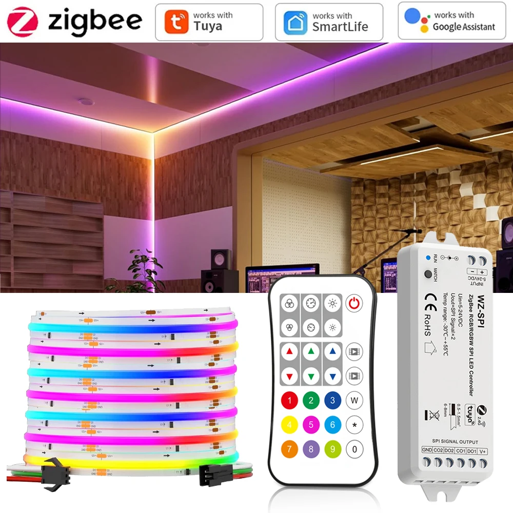 10m 20m Tuya Zigbee COB RGBIC LED Strip 24V Dream Color Addressable IC Light APP Control 2.4G Remote From Alexa Google SmartThin