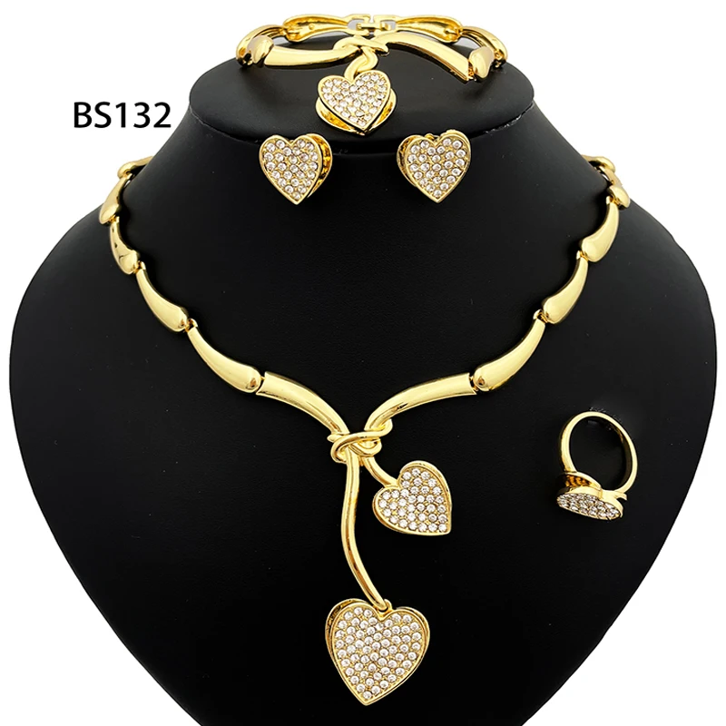 

Elegant Women Jewelry Sets 18K Gold Plated Heart Jewelry Necklace Earrings Ring Bracelet 4Pcs Set Wedding Party Accessories Gift