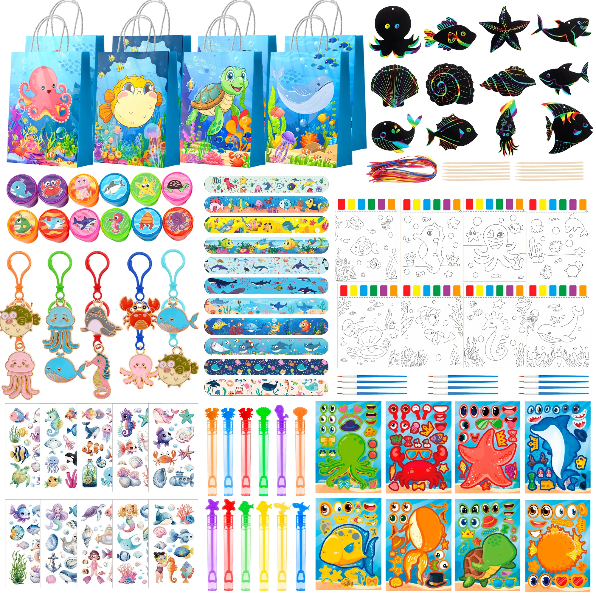 120 Pcs Under the Sea Birthday Party Favors-Ocean Animal Birthday Gift Bags Temporary Tattoo Diy Stickers Slap Bracelets Scratch Paper Art Craft etc Ocean Birthday Party Favors for Ocean Birthday Party Decorations