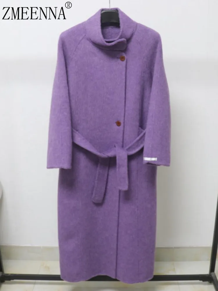 

ZMEENNA Womens Long Purple Wool Blend Coat With Belt High Collar Button Closure Warm Winter Outerwear Oversized ZM4369