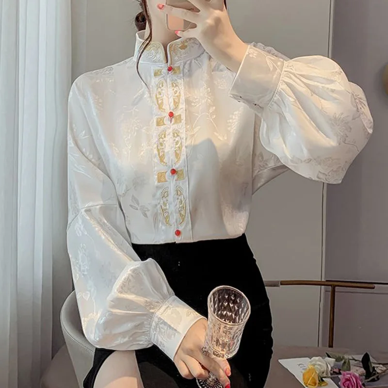 2024 New Summer Elegant Fashion Solid Color Print Retro Office Lady Women\'s Clothing Chinese Style Embroidery Turtleneck Tops