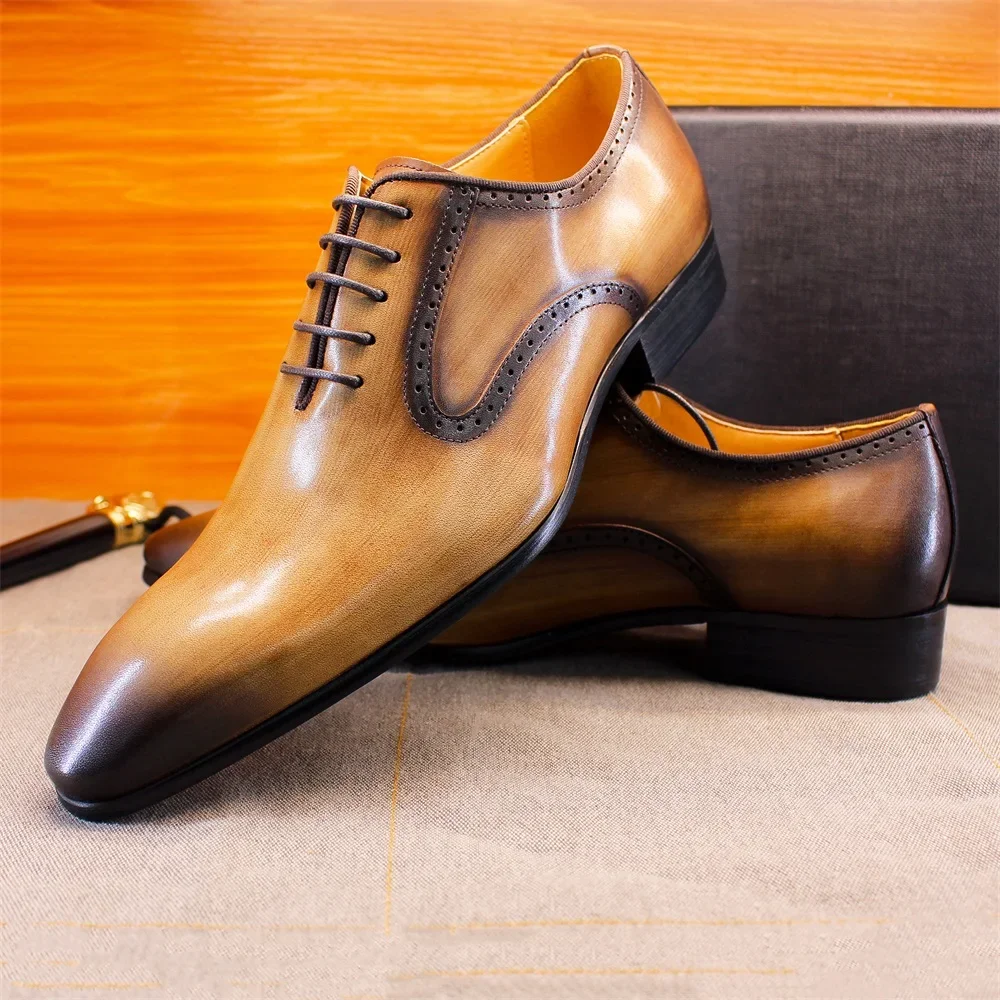 

Men's Genuine Leather Dress Shoes Black Khaki Oxford Suit Footwear Elegant Formal Business Wedding Party Vintage Handmade