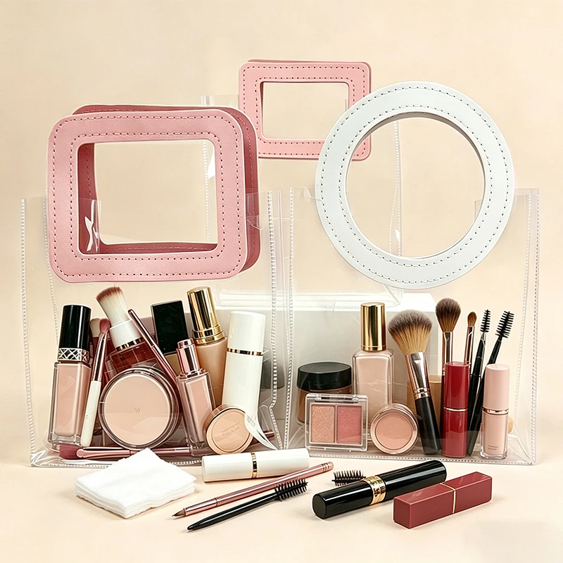 

Transparent PVC Makeup Bag Organizer Pouch PU Leather Geometric Handle Travel Daily Use Portable Wash Bag Makeup Tools