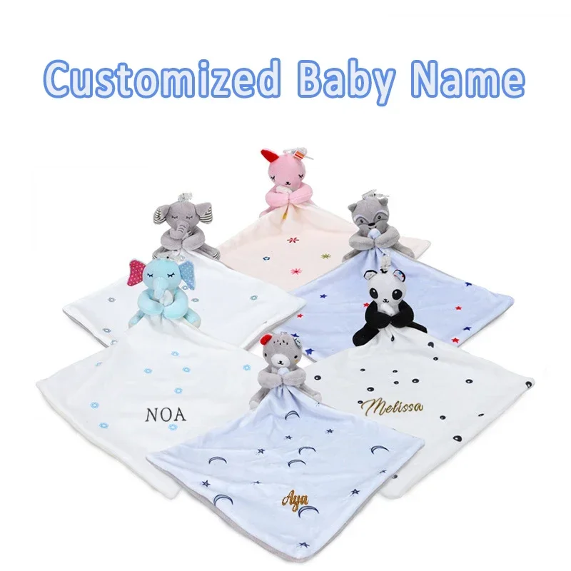 Personalized Baby First Name Comforter Sensory Security Blanket Plush Accessories Newborn Towel  Animal Toy Custom Blanket Gift