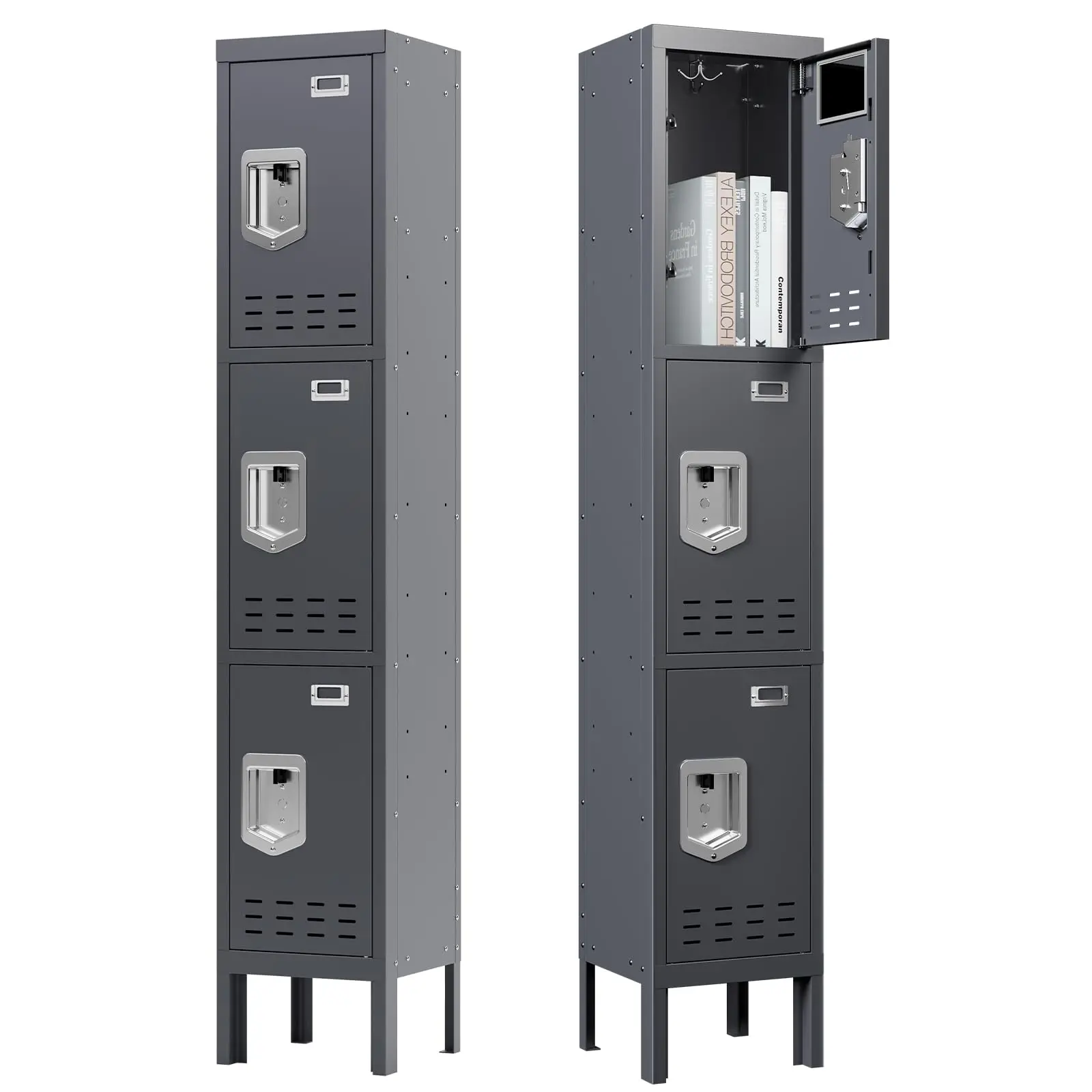 

Metal Locker with 3 Doors, Employees Storage Cabinet with Hooks, 66" Home, Office, Gym Cabinet Requires Assembly (Gray)