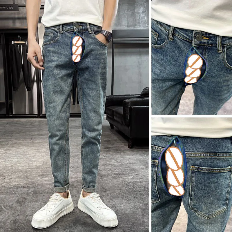 Retro Winter Men's Fleece Slim Straight Jeans Retro Washed Elastic Cotton Open Crotch Outdoor Sex Skinny Fashion Denim Trousers