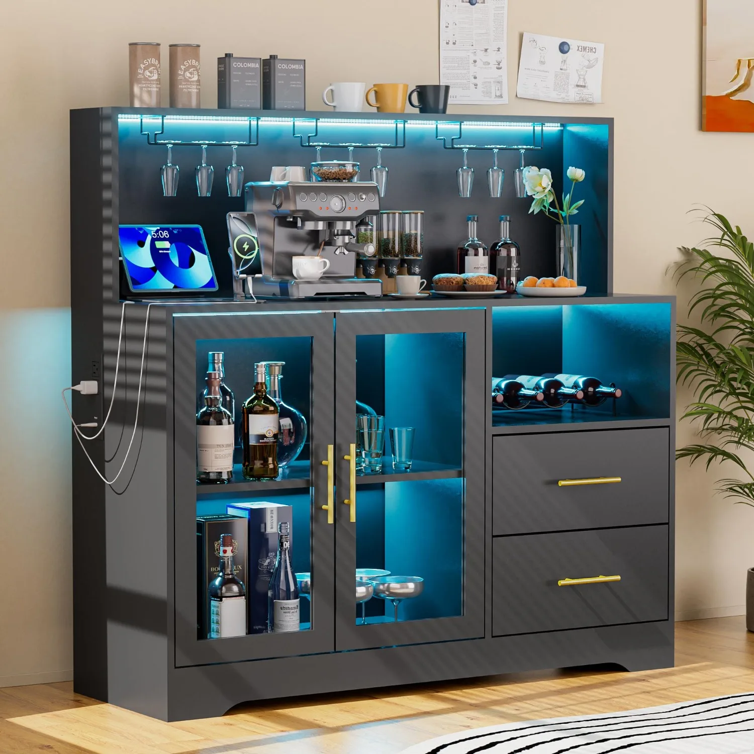 Home Bar Cabinet with Adjustable RGB LED Light, Wine & Coffee Storage with Rack & Drawers, Charging Station, Modern