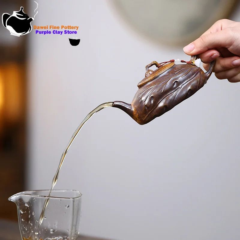Yixing purple clay teapot, raw ore, dragon bone, gold sand, high-temperature wood burning, one leaf, autumn tea set, teapot