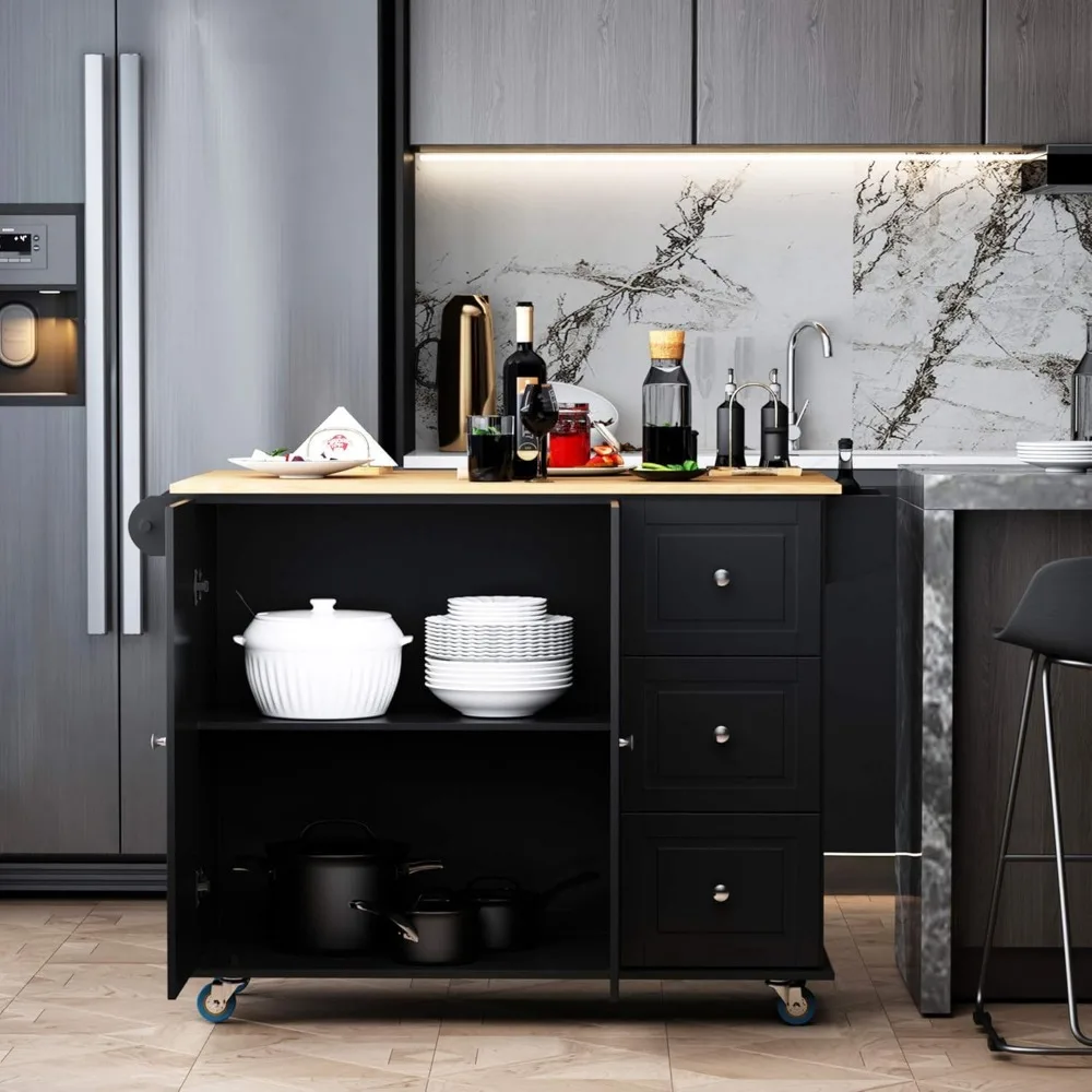   جزيرة المطبخ المتدحرجة مع أوراق قطرة، وعربة تخزين، ورف توابل ومنشفة، و3 أدراج، وبابين، باللون الأسود