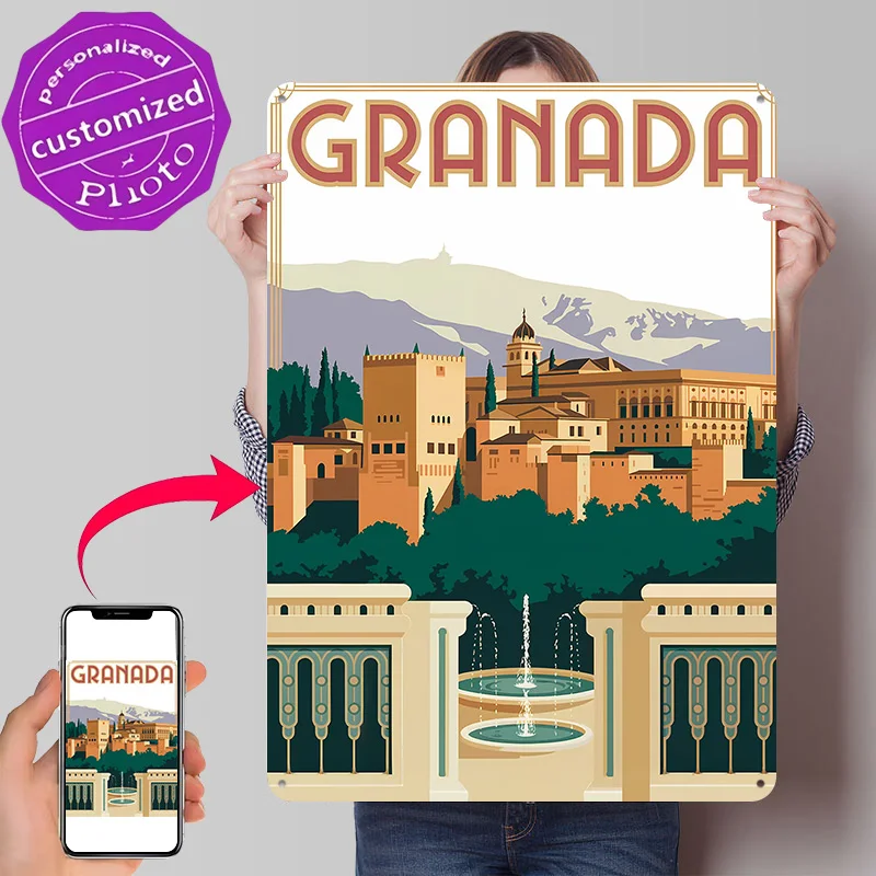 Granada Travel Illustration Poster Retro 3D Printed Metal Signs Customized Wall Hanging Gift for Decor Luxury Bar Accessories