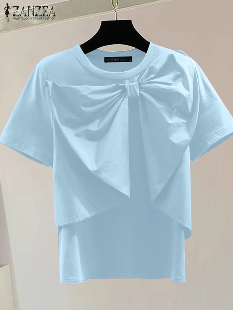 ZANZEA Women SummerLoose T-Shirt Chic Bowknot Short Sleeve Blouse 2024 Korean Patchwork O-neck Tops Holiday Casual Solid Tunic