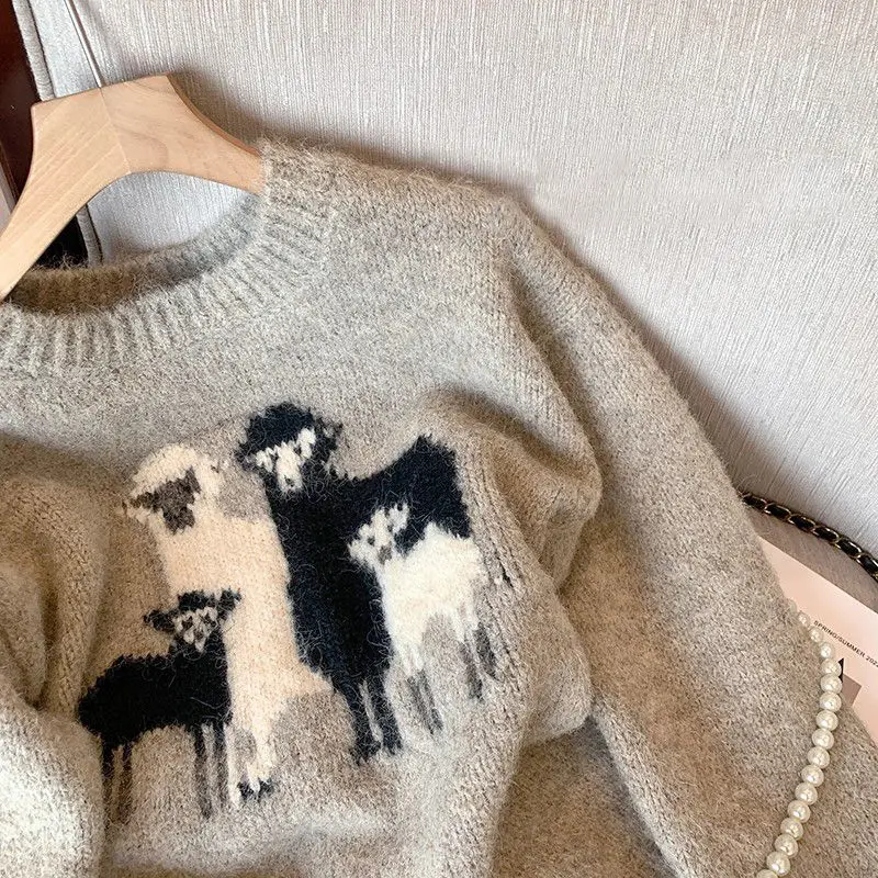 Sweater Cartoon Sheep Embroidery Jacquard Soft Warm Winter Vintage Gray Y2K Cute Jumper Harajuku Kawaii Winter Clothes