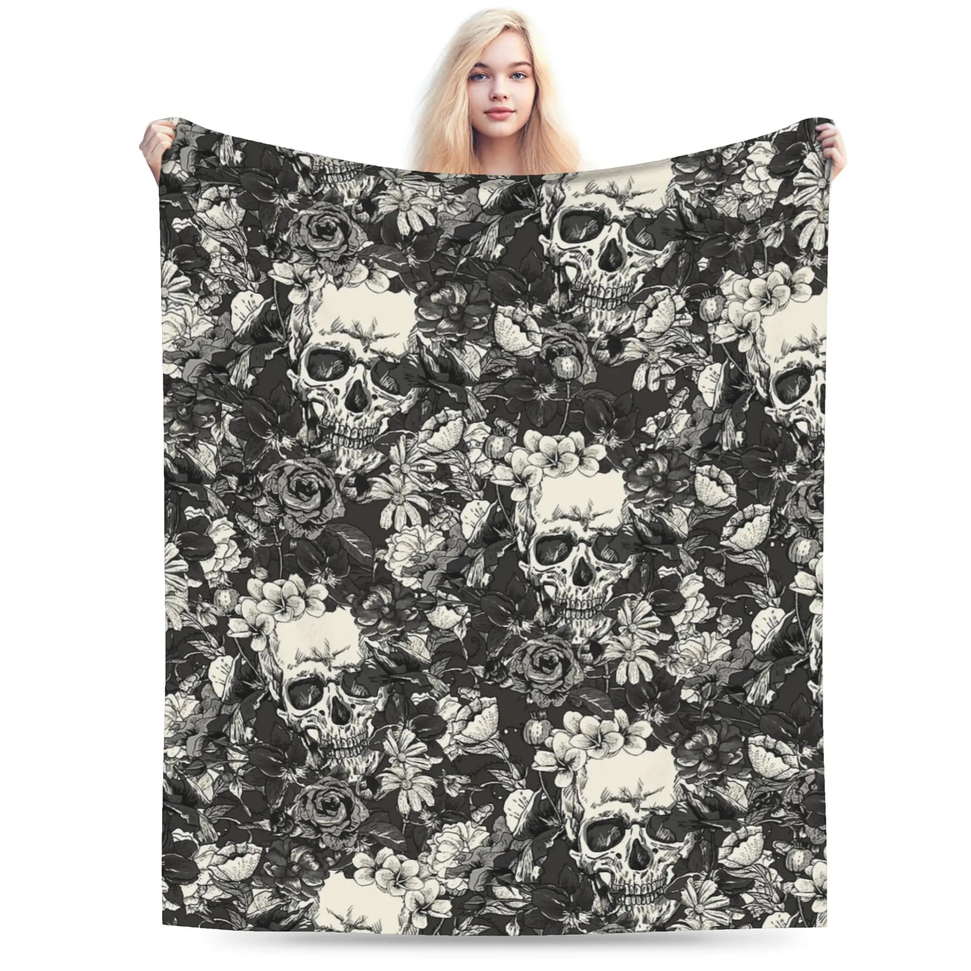 Halloween Skulls And Flowers Gothic Goth Blanket Coral Fleece Plush Autumn/Winter Warm Throw Blankets for Sofa Office Bedspreads