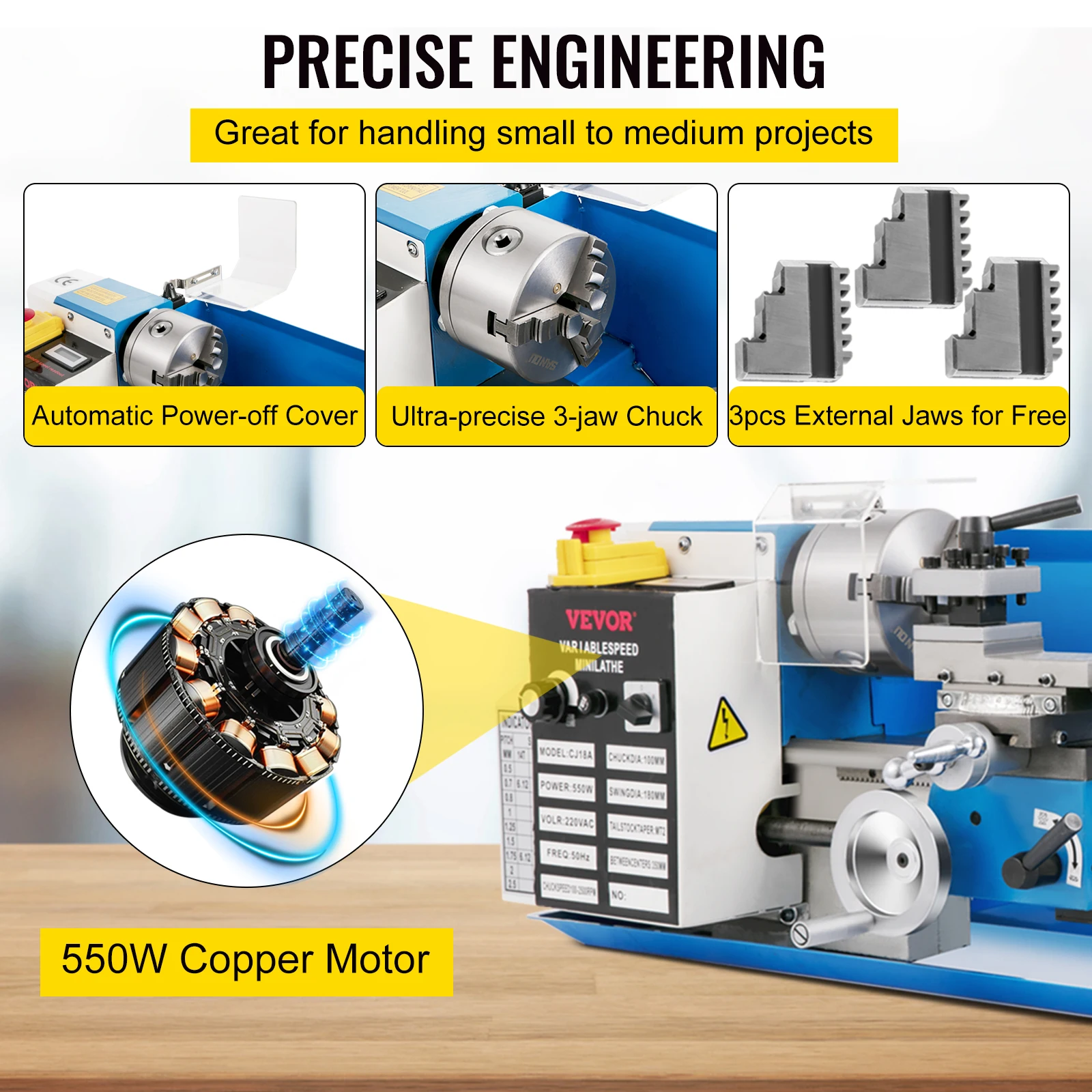 VEVOR-Mini Torno De Metal, Máquina De Torno De Metal De Bancada, 7 "x 14", 550W Velocidade Variável, 2250RPM, com mandril de 3 mandíbulas, CNC