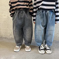 Boy Girl Children Patch Casual Jeans Autumn Winter Clothes Kid Loose Pocket Retro Denim Pants Baby Cotton Solid Fashion Trousers