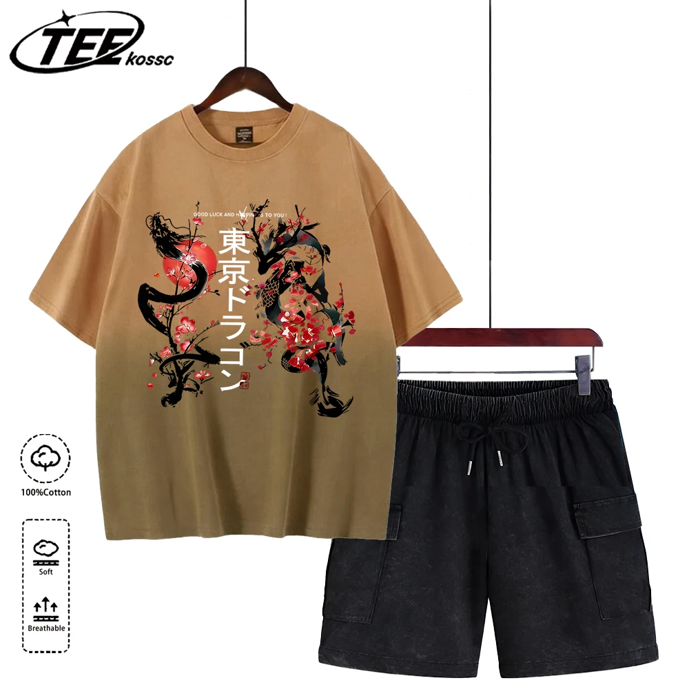 

Футболка с креативным принтом «Токийский дракон сакуры», хлопковая, модная, свободного кроя, уличная, повседневная, летняя, мужская, комплект