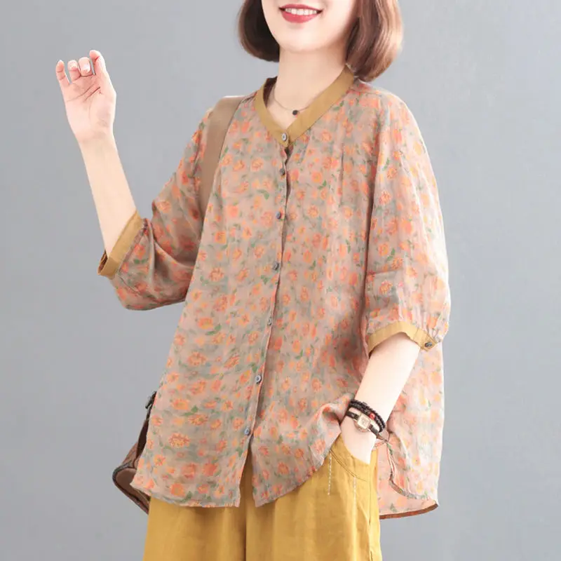 Summer Literary Vintage Ethnic Style Printing Cotton Shirt Ladies Half Sleeve Loose Casual All-match Pullovers Women Blouse Top