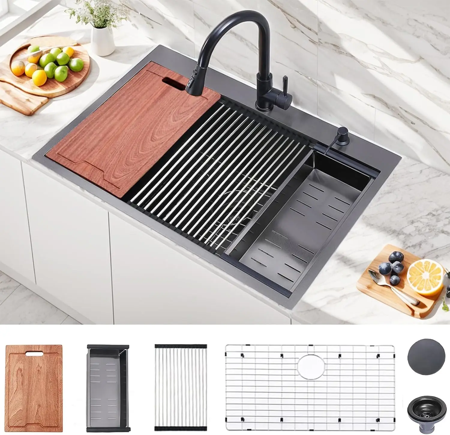 33x22 Inch Black Drop In Kitchen Sink - 33 Inch Top Mount Single Bowl 9 Inch Deep Handmade Workstation Sink in Gunmetal Stainles
