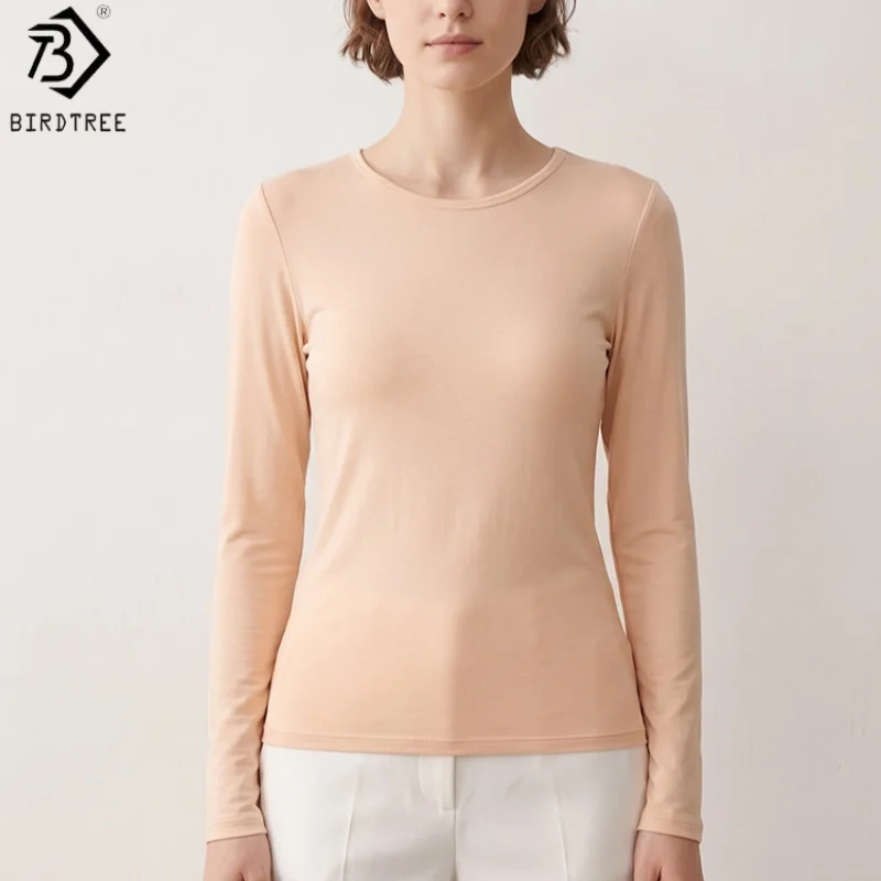 Birdtree, Wool Blended Blouse, O-neck Long Sleeve Tops, Women Knitted Autumn Undershirt, With Silk Lining Breasted Pads T6O301JF