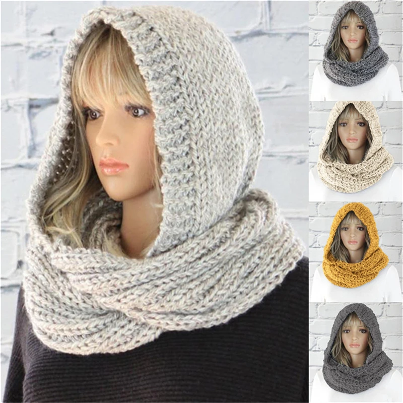 Women Scarf Winter Warm Knitted Caps Hooded Fashion Leisure Comfortable Soft Female Solid Plush Hats Scarf Clothing Accessories