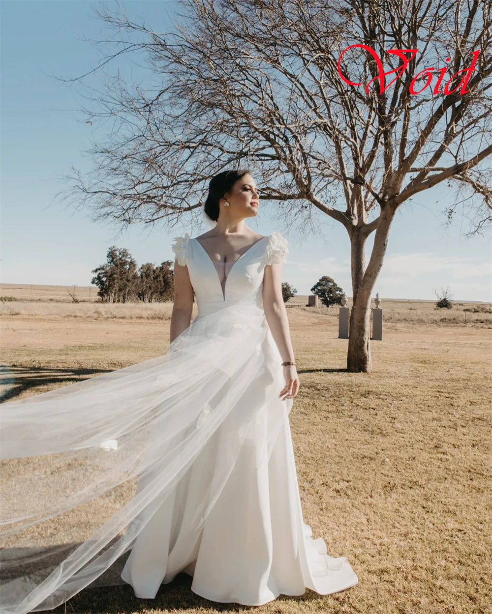 

Customized White Satin Bridal Gowns Temperament V-neck Cap Sleeve Flowers Wedding Dress Chapel Train Open Back A-Line Dress