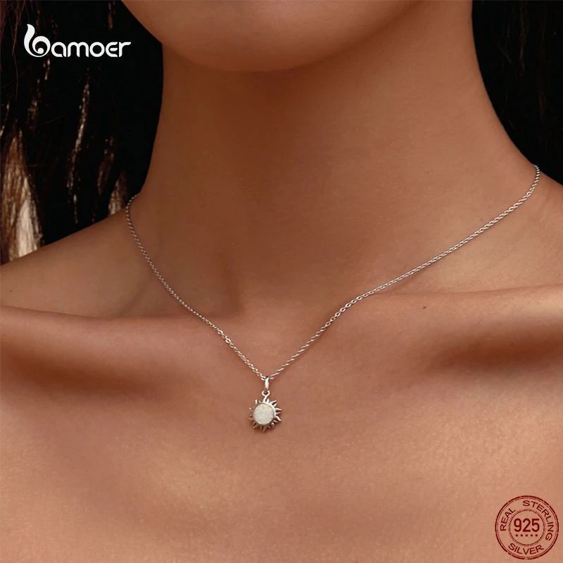 Bamoer 925 Sterling Silver Dazzling Sun Ladies Pendant Necklace Fine Opal Wedding Couple Confession Jewelry gift for Girl GXN399