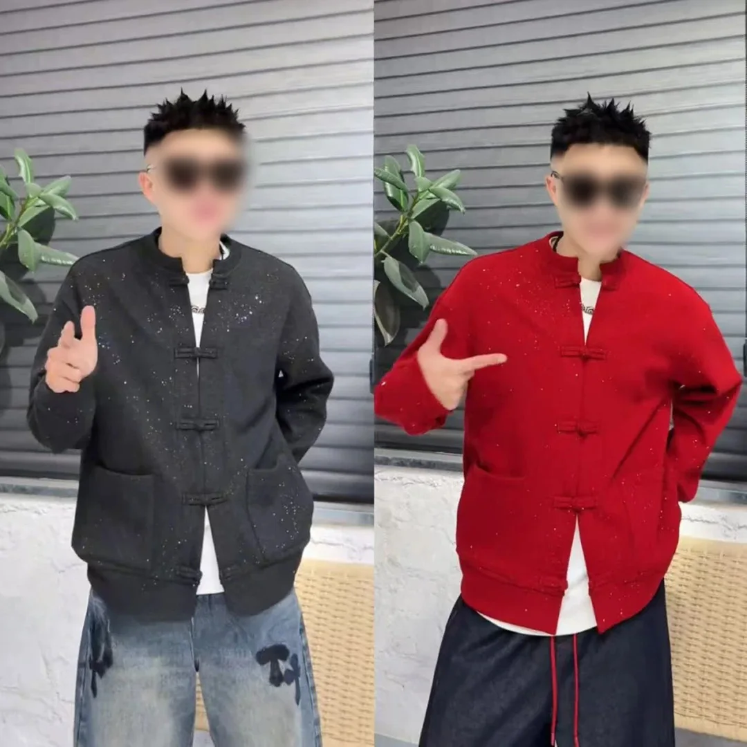 

Красный китайский свитшот на пуговицах, повседневный модный пуловер в стиле ретро, к Новому году, трендовый мужской пуловер с круглым вырезом